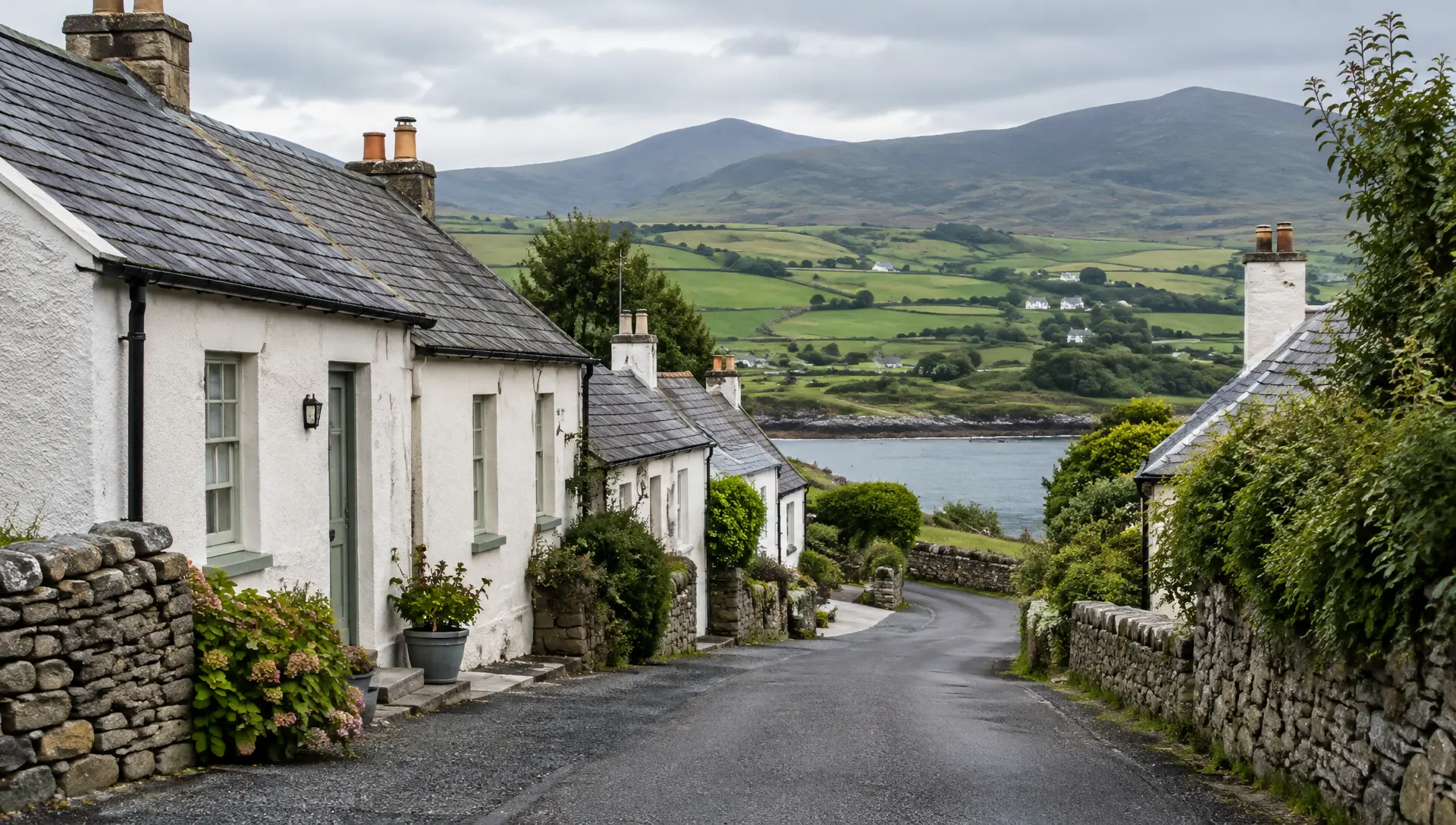 Irish village homes with slate roofs and guttering beside green hills