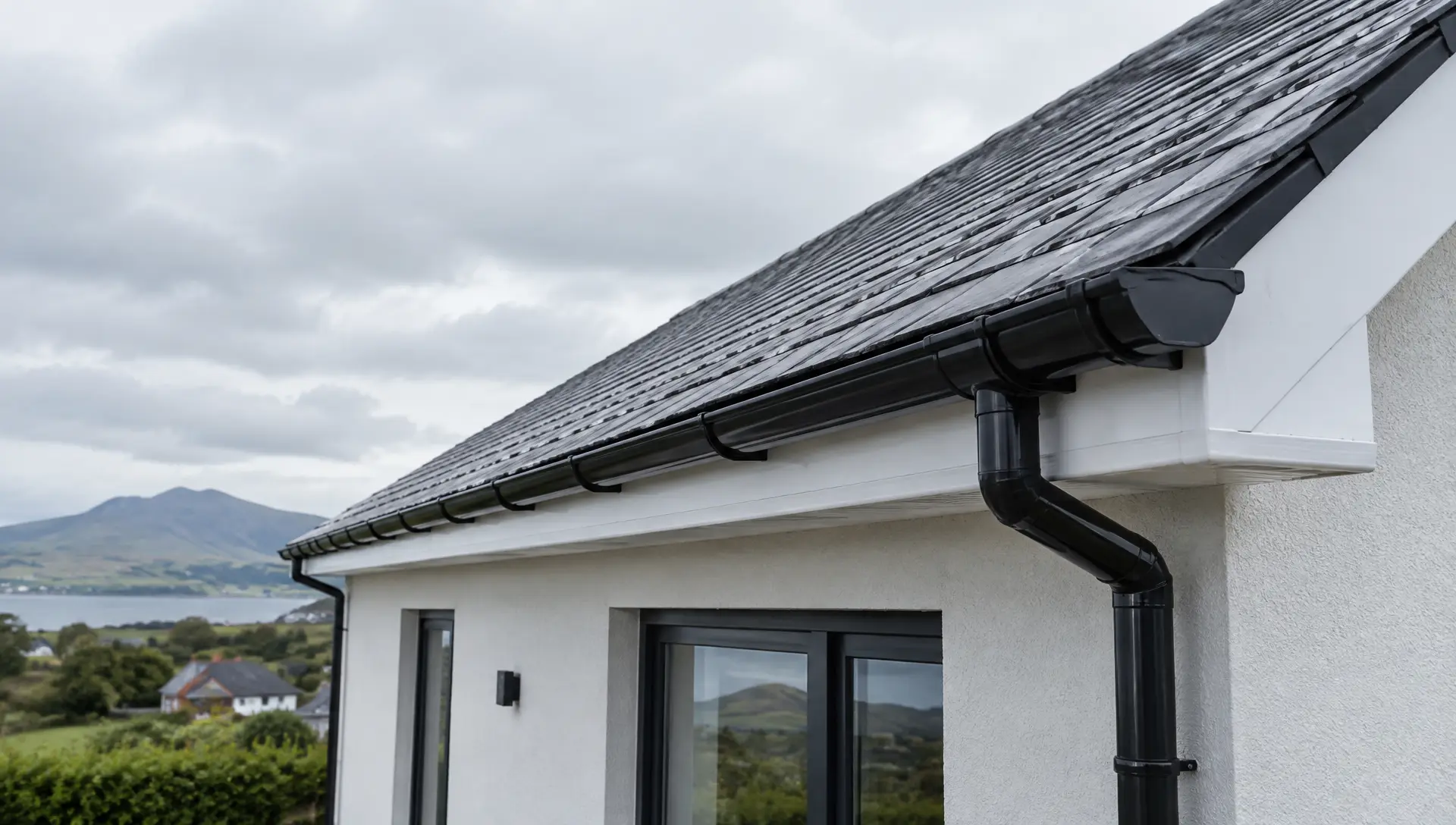 Black guttering and white fascia fitted along a slate roof