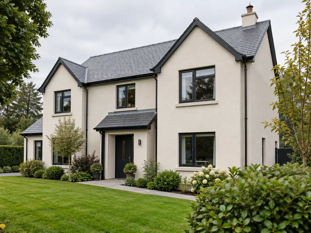 Irish rendered house with black gutters and downpipes directing rainwater away from the walls